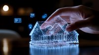 Digital hologram house glowing with blue light and technology icons floating above, touched by human hand against dark background. Smart home concept.