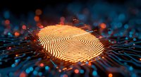 Digital fingerprint glowing with golden light on circuit board background with bokeh effects for cybersecurity and biometric authentication technology concepts.
