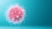 Glowing pink sphere with connected dots and lines forming network pattern against turquoise background, representing digital connectivity and global data exchange.