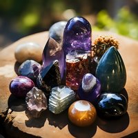 Collection of colorful healing crystals and gemstones arranged on wooden surface in natural sunlight for spiritual wellness and meditation practices.