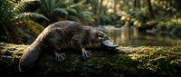 Platypus resting on moss-covered log in natural forest habitat with ferns and dappled sunlight filtering through trees creating peaceful wildlife scene.