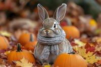 Adorable brown rabbit wearing knitted gray scarf sitting among orange pumpkins and colorful autumn leaves in fall garden setting, seasonal nature composition.