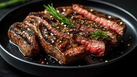 Juicy grilled beef steak sliced on black plate with fresh rosemary sprig and peppercorns, showing medium-rare doneness with charred grill marks and seasoning.