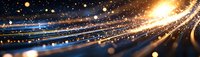Glowing light trails with golden sparkles and bokeh effects create dynamic motion against dark background, abstract panoramic composition.