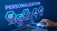 Digital marketing personalization concept with glowing neon interface showing customer targeting icons and business analytics on laptop screen.