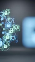 Digital cybersecurity concept with glowing padlock and shield icons floating over blurred technology background for data protection and network security.