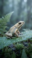 Small brown toad sitting on wet moss-covered rock in misty rainforest with ferns and water droplets creating atmospheric jungle environment.
