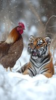 Surreal winter scene featuring unlikely friendship between rooster and young tiger cub in snowy landscape with falling snowflakes creating magical atmosphere.