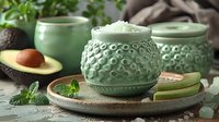 Mint green ceramic jar with textured pattern filled with sea salt on rustic plate, fresh avocado and herbs for spa and wellness composition.