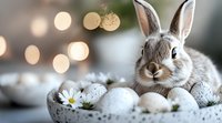 Easter bunny with speckled eggs and daisy flowers on light background with soft bokeh lights, creating festive spring holiday atmosphere.
