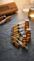 Medical syringes with amber vials containing vaccine or medication on dark slate surface for healthcare and pharmaceutical injection treatment.