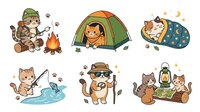 Cartoon cats camping outdoors with tent, campfire, fishing, sleeping bag. Isolated clipart collection for children's designs, stickers, t-shirts, invitations and educational materials.