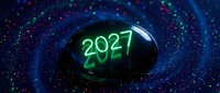 Futuristic glowing green 2027 text on black sphere floating in cosmic space with colorful particles and stars for New Year celebration concepts.