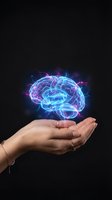 Glowing neon brain hologram floating above open cupped hands against black background representing artificial intelligence and mental health concepts.