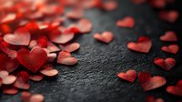 Red glittery heart confetti scattered on dark textured background with selective focus and bokeh effect, romantic Valentine's Day or wedding celebration concept.