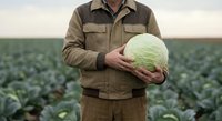 Farmer holding fresh cabbage in agricultural field during harvest season. Organic farming and sustainable agriculture concept for healthy food production.