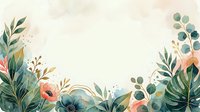 Soft watercolor floral border with tropical leaves, poppies, and eucalyptus in pastel tones on a light background with copy space.