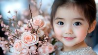 Young Asian girl with bright blue eyes smiling sweetly next to blooming pink roses and cherry blossoms, wearing sparkly silver dress against soft blurred background.