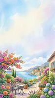 Watercolor Mediterranean coastal terrace with blooming flowers, sea view, village, and cafe table, soft pastel sky with copy space for text.