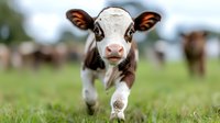 Adorable brown and white calf running in green pasture with blurred herd in background, showcasing farm animal in natural environment.