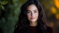 Young Caucasian woman with long dark wavy hair and blue eyes smiling warmly at camera against blurred natural bokeh background in burgundy sweater. Soft portrait lighting.