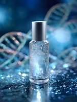 Clear glass bottle with bubbles and silver cap against blurred DNA helix background in blue tones, cosmetic product photography with water drops and sparkle effects.