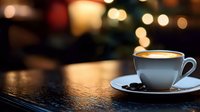 Steaming cup of coffee with latte art on wooden table with warm bokeh lights and festive decorations in blurred background for café and beverage concepts.