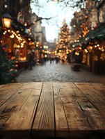 Empty wooden table surface with blurred Christmas market background featuring warm golden lights and festive atmosphere for product display mockup.