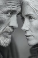 Intimate black and white portrait of mature Caucasian couple in close embrace showing deep emotional connection and enduring love between partners.