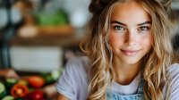 Young Caucasian woman with blonde wavy hair and natural makeup smiling in kitchen, wearing gray apron. Fresh vegetables and cooking ingredients on counter in soft light.