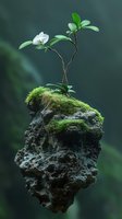 Delicate white orchid growing on moss-covered volcanic rock formation against dark green background, showcasing nature's resilience and adaptation in minimal setting.