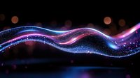 Glowing neon wave with blue and pink particles flowing across dark background, suitable for tech, music, and digital design projects.