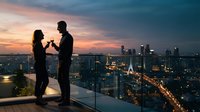 Couple toasting with champagne glasses on rooftop terrace overlooking illuminated cityscape at sunset, celebrating special occasion or engagement.