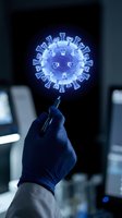 Scientist in blue gloves holding holographic coronavirus model in modern laboratory for medical research and virus study analysis.