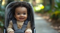 Happy African American baby with curly hair smiling while safely secured in grey stroller, wearing beige sweater, natural outdoor setting with soft bokeh background.