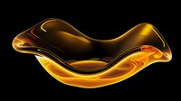 Glowing golden wave form with smooth curves and liquid-like surface floating on black background, creating abstract minimalist art piece with luminous amber highlights.