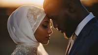Intimate moment between Muslim bride in white hijab and groom in navy suit during golden hour wedding celebration.