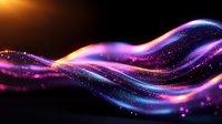 Glowing abstract waves with purple and blue neon light effect on black background, sparkling particles creating dynamic flowing motion design element.