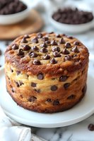 Homemade chocolate chip cake with golden brown crust topped with chocolate chips on white plate. Fresh baked dessert for bakery menu and sweet treat recipes.