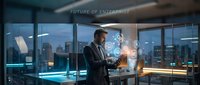 Man in business attire interacting with holographic digital interface in modern office with city skyline view, representing future technology and enterprise innovation.