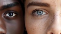 Close-up of two people with contrasting eye colors and skin tones, showcasing diversity and human connection in a powerful portrait.