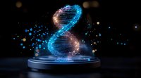 Glowing blue DNA helix structure with particle effects floating above round platform against dark background, representing genetic research and biotechnology.