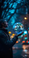 Middle-aged man in dark jacket holding glowing Earth sphere with magical sparkles against blue twilight forest background, bokeh lights create mystical atmosphere.