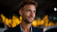 Young Caucasian businessman with stubble and friendly smile against blurred golden bokeh lights background, wearing grey suit jacket and white shirt.