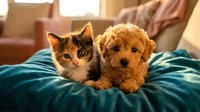 Tabby kitten and golden retriever puppy sitting together on teal blanket indoors, warm home setting with couch background.