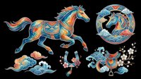 Ornamental horse and decorative Asian-inspired design elements isolated on transparent background, ready for t-shirt design, clipart, stickers, sublimation and print-on-demand projects.