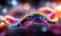 Glowing DNA strand with colorful illuminated particles and bokeh effects on dark background, abstract molecular science visualization for medical research.