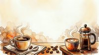 Steaming cups of coffee and tea with beans and French press on warm beige background, suitable for café, beverage, and hospitality design projects.