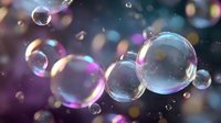 Floating soap bubbles with rainbow reflections against dark blurred background with bokeh lights creating magical atmospheric effect.