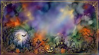 Watercolor Halloween background with pumpkins, ghosts, bats, haunted castle, and spooky trees in vibrant purple, orange, and green hues.